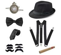 JOPHEK 1920s Gatsby Accesorios Hombre, 7pcs Accesorios Disfraz Años 20, Disfraz de Gatsby, con Sombrero de Panamá Tirantes Reloj de Bolsillo Pajarita Bigote Falso Corbatas para Carnaval