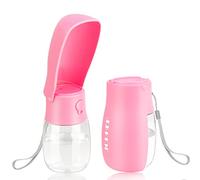 JOPHEK 300ML Botella de Agua para Mascotas, 180°Plegable Botellas de Agua para Perro Gato con Botón de Bloqueo y Filtro de Carbón Activado para Acampar a Pie Todos los Días Rosa