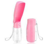 JOPHEK 550ML Botella de Agua para Mascotas, 180°Plegable Botellas de Agua para Perro Gato con Botón de Bloqueo y Filtro de Carbón Activado para Acampar a Pie Todos los Días Rosa