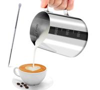 JOPHEK Jarra Leche Barista 304 Acero Inoxidable, Jarra de Espuma de Leche, Jarra de Leche con Medición e Lápiz Decorador Para Espresso, Taza de Café para Espumar, Jarra Cafe para Espresso (350ML)