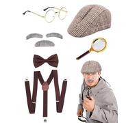 JORAKI Accesorios Hombre los Años 20 Sherlock Holmes Victorian Detective Disguise Cosplay Kit con Sombrero Lupa Liguero Pajarita Barba Cejas Gafas para Carnaval Mascarada Evento Fiesta