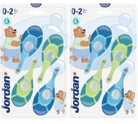 Jordan ® | Step 1 | Cepillo de dientes para bebé 0-2 años | Original con cerdas extra suaves, anillo de mordida suave para encías y fácil agarre | Pack 4 Unidades | Azul y verde (Paquete de 2)