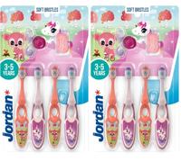 Jordan ® | Step 2 | Cepillo de dientes para niños de 3 a 5 años | Cerdas blandas, mango doble ergonómico y libre de BPA | Color rosa y amarillo | Pack 4 unidades (Paquete de 2)