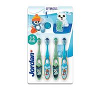 Jordan ® | Step 2 | Cepillo de dientes para niños de 3 a 5 años | Cerdas blandas, mango doble ergonómico y libre de BPA | Color azul y verde | Pack 4 unidades