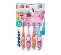 Jordan ® | Step 2 | Cepillo de dientes para niños de 3 a 5 años | Cerdas blandas, mango doble ergonómico y libre de BPA | Color rosa y amarillo | Pack 4 unidades