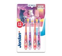 Jordan ® | Step 3 | Cepillo de dientes para niños de 6 a 9 años | Cepillo de dientes para niños con cerdas suaves, mango ergonómico doble y sin BPA | Color rosa y azul | Pack de 4 unidades
