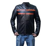 Jorde Calf H-D Victory Lane II - Chaqueta para hombre, piel de vacuno, corte ajustado, estilo motociclista con rayas naranjas, Negro -, Small