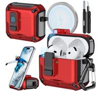 Joremx Funda compatible con AirPods 4 con soporte para teléfono, diseño de fibra de carbono para AirPods 4 versión ANC con interruptor automático y bolígrafo de limpieza (rojo)