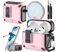 Joremx Funda compatible con AirPods 4 con soporte para teléfono, diseño de fibra de carbono para AirPods 4 versión ANC con interruptor automático y bolígrafo de limpieza (rosa)