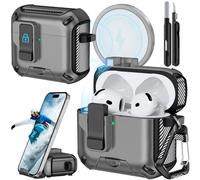 Joremx Funda compatible con AirPods 4 con soporte para teléfono, diseño de fibra de carbono para AirPods 4 versión ANC con interruptor automático y bolígrafo de limpieza (gris)