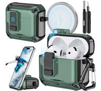 Joremx Funda compatible con AirPods 4 con soporte para teléfono, diseño de fibra de carbono para AirPods 4 versión ANC con interruptor automático y bolígrafo de limpieza (verde pálido)