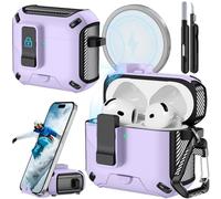 Joremx Funda compatible con AirPods 4 con soporte para teléfono, diseño de fibra de carbono para AirPods 4 versión ANC con interruptor automático y bolígrafo de limpieza (morado)