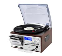 JORLAI 9-IN-1 Tocadiscos Bluetooth de 3 velocidades con Conector de Audio de 3,5 mm, Vinilo Fono con Altavoces estéreo/baterías incorporadas, CD/Cassette, Radio Am/FM, USB/SD, Marrón