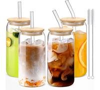 JORTINE Juego de 4 Vasos de Cóctel, 500 ml con Tapa y Pajita Vasos de Cerveza, Apto Vasos de Agua, Vasos de Cóctel, Vasos de Cristal,Ideal para Iced Coffee, Cóctel, Soda, Regalo