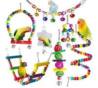 Jortmrd 7 Piezas Juguetes Agapornis Juguetes para Pájaros con Campanas Columpio Juguetes Hamaca de Madera Perchas Colorido Juguetes Loros Accesorios Juguetes para Periquitos Pinzones Cockatiels