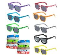 Jortmrd 8 Piezas Gafas de Fiesta Pixeladas Gafas Fiesta Divertidas Mosaico Gafas de Sol de Píxel con 12 Piezas Pulseras de Silicona con Tema de Píxeles Diseño Gafas Thug Life para Party