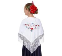 JORXG Mantón de Manila bordado de flor colores liso para mujer niña, Manton de Flamenco para el Vestido de Feria, Sevillana o Flamenca (Blanco flor pequeña)