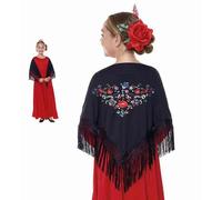 JORXG Mantón de Manila bordado de flor colores liso para mujer niña, Manton de Flamenco para el Vestido de Feria, Sevillana o Flamenca (Negro flor pequeña)