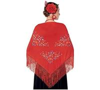 JORXG Mantón de Manila bordado de flor colores liso para mujer niña, Manton de Flamenco para el Vestido de Feria, Sevillana o Flamenca (Rojo flor grande)