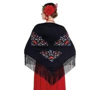 JORXG Mantón de Manila bordado de flor colores liso para mujer niña, Manton de Flamenco para el Vestido de Feria, Sevillana o Flamenca (Negro flor grande)