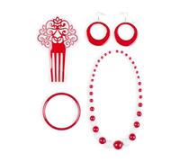 JORXG Set de Flamenca Rojo Rosa Peineta Collar Pulsera Pendientes para Feria Abril Sevilla Actuaciones Baile (Rojo blanco)