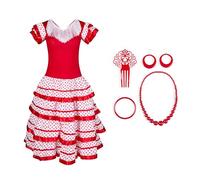 JORXG Vestido Sevillanas Mujer Accesorio Peineta Collar Pulsera Pendientes, Vestido Flamenco Español Tradicional Para Mujer, Traje Flamenca Feria Abril Sevilla Actuaciones Baile (S, rojo blanco)