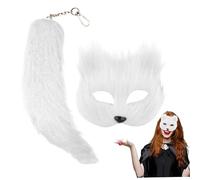 Jorzer 2 Unids/Set Máscara Y Cola De Máscara Peluda De Pelo De Sintético Máscara De Halloween Máscara Esponjosa De Media Cara Therian Con Llavero De Cola De Máscara De Blanco