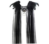 Jorzer Chal de plumas, capa de tul de Halloween con plumas negras de cosplay súper villano gótico capa de para fiesta, vestuario, cosplay cuello de piel negra de Halloween 2025 malla.