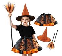 Jorzer Disfraz de Bruja para niña pequeña, Conjunto de 3 Piezas con Falda de Tul, Escoba y Sombrero para niñas de 2 a 4 años, decoración para Fiesta de Cosplay..