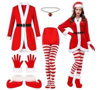 Jorzer Disfraz de Papá Noel para Mujer, Divertido Disfraz Festivo de Navidad, Incluye Abrigo, Medias, Botas, Sombrero, cinturón, Guantes, trae alegría para la Fiesta temática navideña