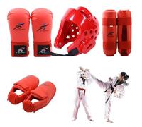 Jorzer Karate Sparring Gear Equipo Protector de poliéster Taekwondo Sparring Incluye 1 Casco, 1 par de Guantes y par de Protectores para piernas, también para Ciclismo, Artes Marciales y más, Rojo-
