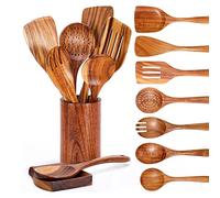 Josenidny 9 cucharas de madera para cocinar, utensilios de madera para cocinar con soporte para utensilios, juego de utensilios de cocina de madera de teca