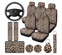 Josenidny Juego de 15 fundas de asiento con estampado de leopardo, para volante, almohadilla de seguridad, posavasos, reposabrazos acolchado y