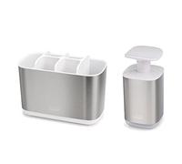 Joseph Joseph Bathroom Beauties Set de 2 Piezas para Lavabo con Soporte Grande para Cepillo de Dientes y Dosificador Higiénico de Jabón, Acero Inoxidable