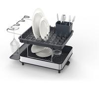 Joseph Joseph Excel, Escurreplatos en acero inoxidable de 2 niveles para la encimera de la cocina, con tubo de drenaje, escurridor móvil para cubiertos y soporte para copas de vino