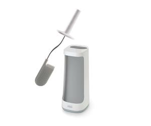 Joseph Joseph Flex Plus - Escobillero en Silicona Higiénico con Bandeja de Almacenaje, escobilla de baño con mango resistente, piña flexible, antiobstrucción, limpieza profunda-Blanco/Gris, Grande