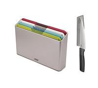 Joseph Joseph Folio Icon Tablas de Picar Antideslizantes, Codificadas por Colores, 4 Piezas, con Estuche de Almacenamiento y 1 Cuchillo Chef, Mediano, Multicolor/Plata