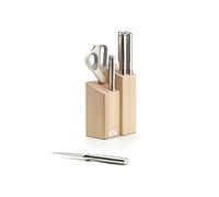 Joseph Joseph Fusion Cuchillos de Cocina Profesionales, Cuchillo Carnicero y Tijeras, Acero Inoxidable Japones, 5 piezas, Bloque de Madera