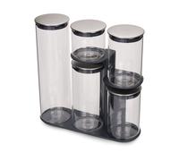 Joseph Joseph Podium Juego de 5 tarros herméticos de cristal con soporte, negro