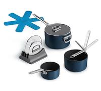 Joseph Joseph Space Juego de ollas antiadherentes de 3 piezas con asas plegables y tapas de cristal, soporte para cacerolas y tapas, 2 protectores de fieltro para cacerolas, compatible con inducción