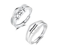 Josfeva Anillos de plata 925 antiansiedad, juego de 2 anillos antiestrés de plata de ley 925, anillos antiansiedad abiertos ajustables, anillo de pareja giratorio con cuentas, anillo de descompresión