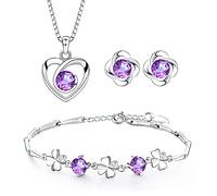 Josfeva Conjunto de joyas para mujer de plata 925, collar de corazón y pulsera de trébol y pendientes de trébol con circonita 5A de color blanco, rosa, azul y lila, collar de amor de 45cm para mujer