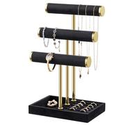 Josmimic Organizador de Joyas 3 Niveles - Expositor Negro para Pulseras, Expositor con Barra en T Extraíble, Soporte de Terciopelo para Pulseras, Collares, Relojes y Anillos