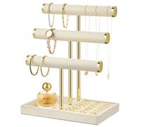 Josmimic Organizador de Joyas 3 Niveles - Grande Expositor Beige para Pulseras, Expositor con Barra en T Extraíble, Soporte de Terciopelo para Pulseras, Collares, Relojes y Anillos