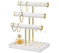 Josmimic Organizador de Joyas 3 Niveles - Grande Expositor Blanco para Pulseras, Expositor con Barra en T Extraíble, Soporte de Terciopelo para Pulseras, Collares, Relojes y Anillos