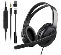 Joso Auriculares con cable con micrófono, auriculares para juegos para PS5/PS4/Xbox/Switch/PC/iPad/Mac y tableta con adaptador de 3.5 mm a tipo C y USB-A, auriculares de chat, negocios de oficina