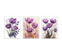 JOSUE 3Pcs Cuadros Flores Flores moradas Cuadros Decoracion Salon Lienzo,Morado, gris Cuadro Cartel Sala De Estar Cuarto De BañO Comedor Decorativos-50x70cmx3 Sin marco