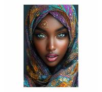 JOSUE Cuadro de Lienzo Mujer Africana Mística - Retrato Hijab Colorido y Pecas Brillantes, Arte Étnico para Dormitorio(E3)-70x100cm Sin marco