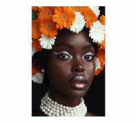 JOSUE Cuadro de Lienzo Mujer Afroamericana con Flores - Corona y Lápiz Labial, Arte Boho para Tocador y Dormitorio(J)-30x45cm Sin marco