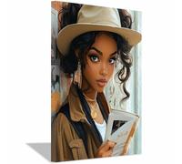 JOSUE Cuadro de Lienzo Mujer Negra Urbana Boho - Retrato Rizos y Sombrero Fedora, Arte Lectura para Dormitorio(H)-50x70cm Enmarcado